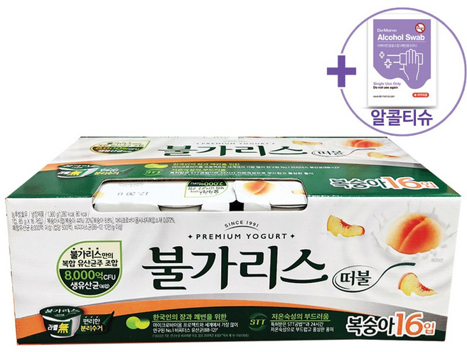 코스트코 남양 떠먹는 불가리스 85g x 16 딸기 or 복숭아 [맛선택] + 더메이런알콜티슈, 1.36kg, 2.복숭아, 1개