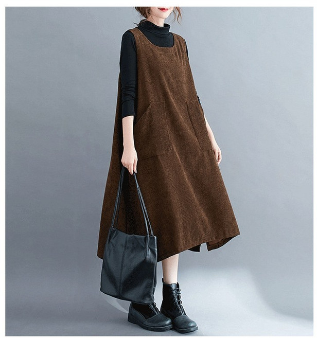 중년 여성의류 엄마옷 마담 고퀄리티 빅사이즈 겨울 따뜻한 롱 원피스 멜빵 40대 50대 60대 골덴 주머니 원피스