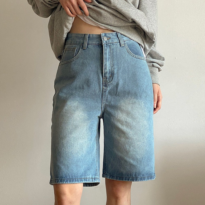 잇진 여성 와이드 5부 청반바지 워싱 데님 버뮤다 팬츠