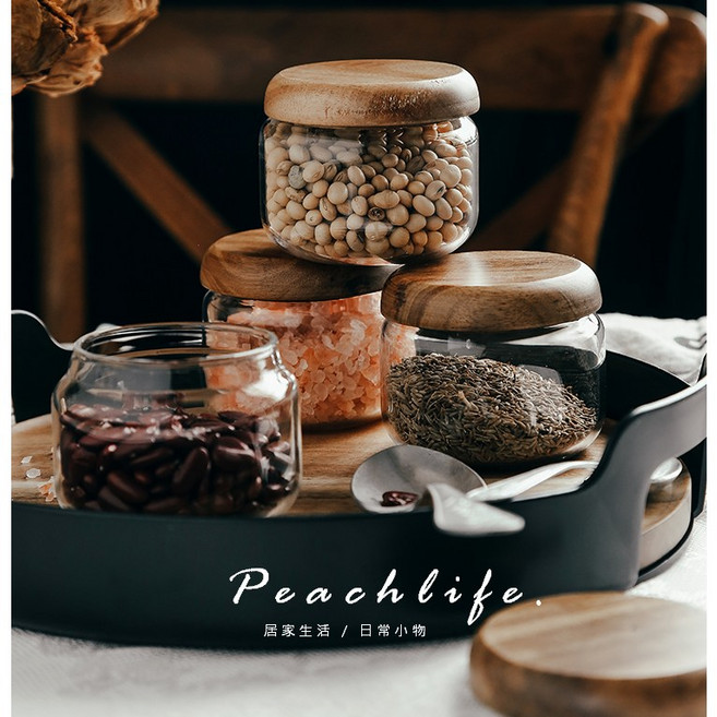 Peachlife 相思木密封罐 玻璃雜糧收納罐 木蓋收納罐 小玻璃罐, 2入裝