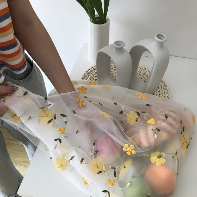 에코백 미니 휴대용 여성용 투명 토트 더블 오간자 원사 가방 자수 꽃 핸드백 에코 쇼핑백 소녀용 지갑