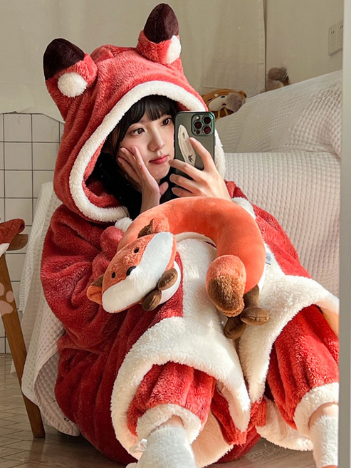오드아이 여우 수면 잠옷 세트 극세사 담요 귀여운 따뜻한 동물잠옷 캐릭터 파자마