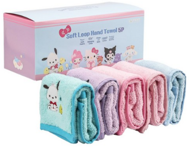 릴팡 산리오캐릭터즈 소프트 고리 핸드타월 5종 세트 헬로키티 쿠로미 포차코 시나모롤 마이멜로디 1세트, 산리오캐릭터즈(혼합)