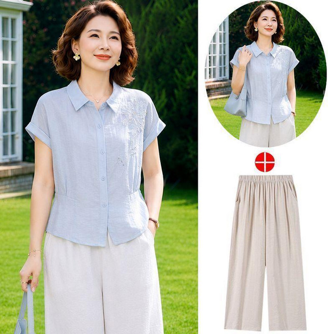 媽媽裝 夏季短袖套裝 襯衣套裝 中老年女裝 洋氣夏裝 上衣兩件套