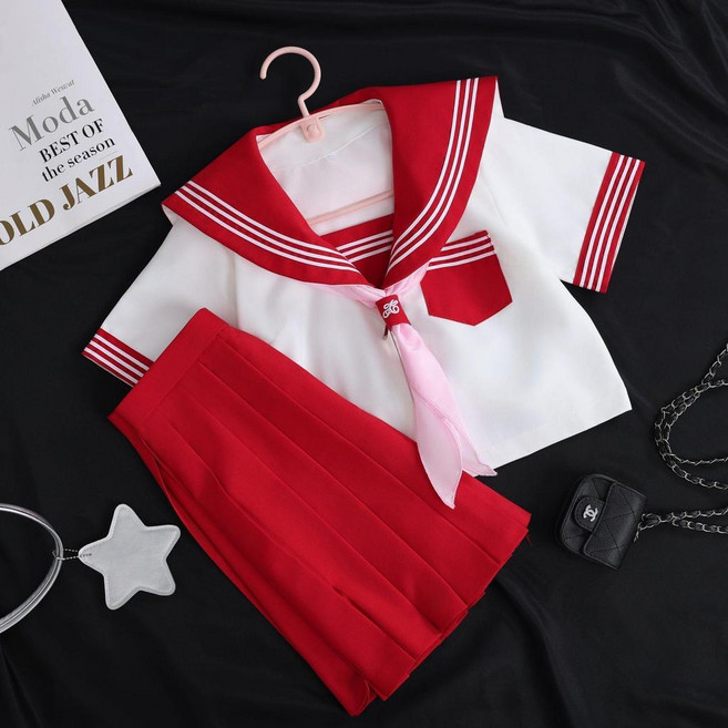 日系短袖水手服紅色套裝學院風校服