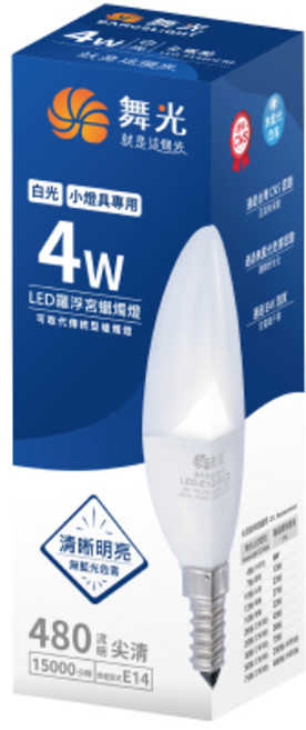 舞光 羅浮宮蠟燭燈泡 E14 LED 4W 尖清燈泡, 1個, 6500K．白光