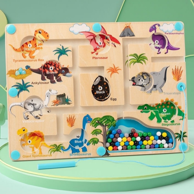 몬테소리 유아 보드게임 원목 장난감 감각 및 논리 발달을 위한 어린이 장난감: 자석 보드 미로 "공룡의 종류", 공룡의 종류, 1개