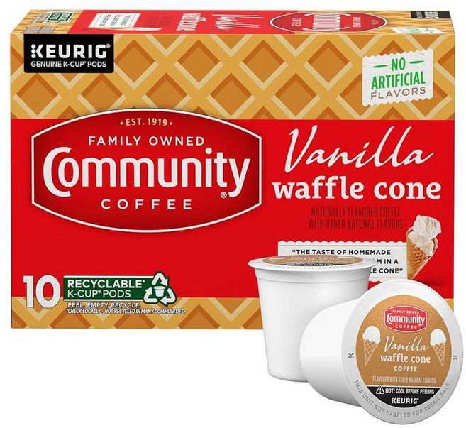 Community Coffee 아이리쉬 크림 향 커피 포드 24개 큐리그 2.0 K컵 브루어와 호환되는 미디엄 로스트 (24개 포드 박스), 바닐라 와플 콘