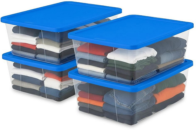 HOMZ 2팩 스냅락 뚜껑이 있는 소형 투명 플라스틱 보관 정리함 28쿼트 회색 침실 욕실 차고 및 사무실 정리를 위한 쌓을 수 컨테이너 박스, Blue Lid, 6 QT (10 Pa )