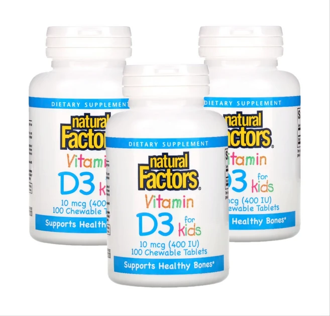내추럴팩터스 아기용 비타민 D3 딸기맛 400IU 100츄어블정 X 3통 키즈 비타민D3, 100정 - 쿠팡