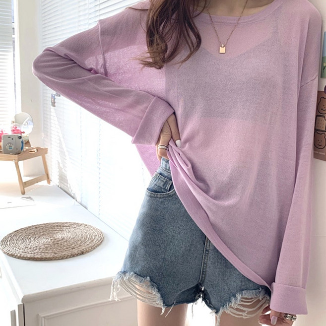 네모엔룩 여리박시시스루 여성 박시핏 시스루 레이어드 살안타템 햇빛가리개 바캉스 자외선차단 비치웨어 커버업 라운드넥 긴소매 니트, 바이올렛