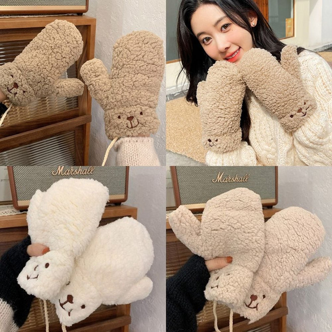 끈달린 방한 북극곰 곰돌이 양털 뽀글이 손모아 벙어리 장갑 겨울장갑 털 기모 벨벳 핫팩 등산 손가락없는장갑 아동 커플