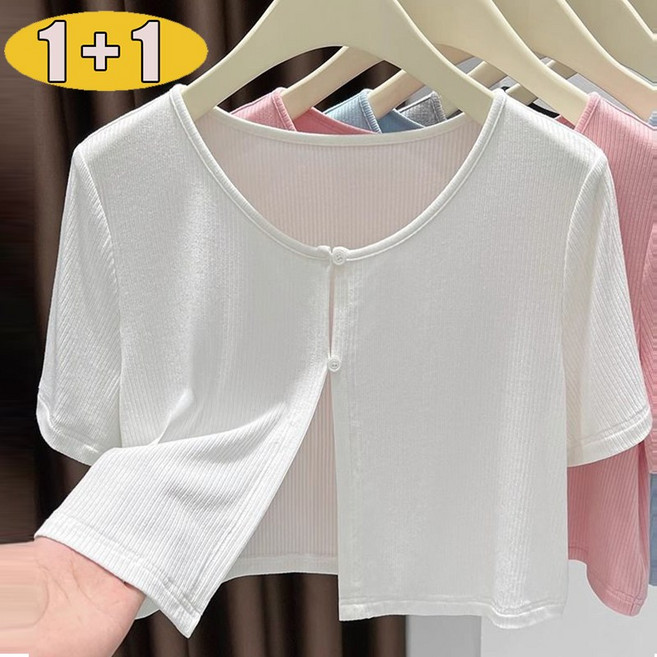 1+1 여성 아이스 자외선차단 버튼 반팔 크롭 니트 가디건 여름 얇은 냉감 숄 가디건