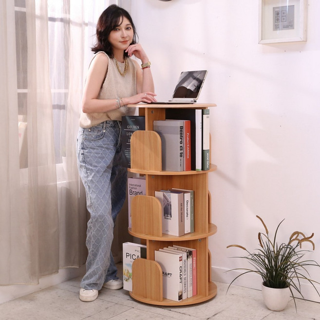 J M MIT低甲醛層 BO072 360度旋轉書櫃 學生書房 展示置物櫃 A4可放頂板MDF熱壓一體成型防水, 櫸木色, 3層