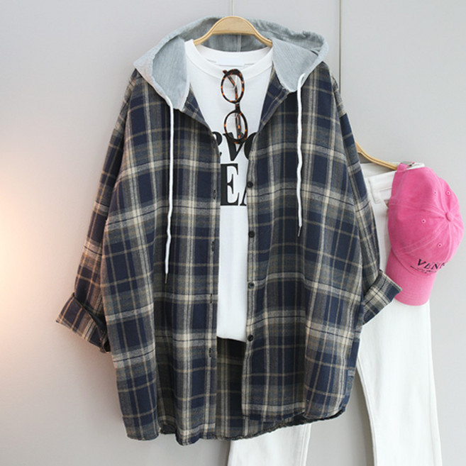 달콩 여성 폴체크오버핏후드셔츠 롱셔츠 봄신상