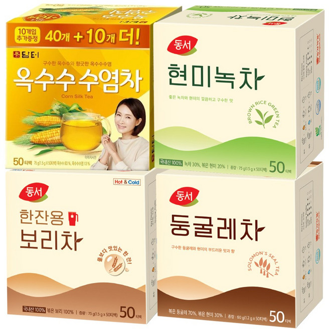 [천지물산] 담터 옥수수수염차 50T+동서 현미녹차 50T+동서 둥굴레차 50T+동서 한잔용 보리차차 50T, 1개