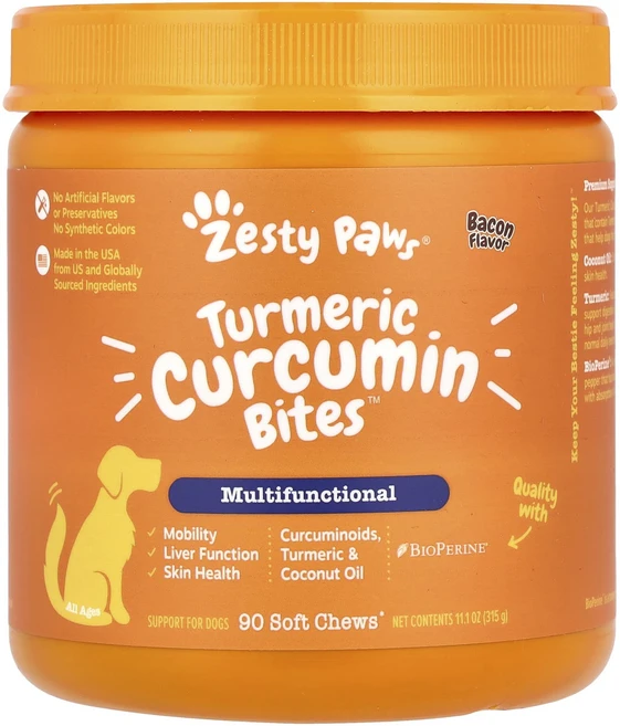 Zesty Paws 반려견용 Turmeric Curcumin Bites 매일 생기 보충 모든 연령용 베이컨 맛 소프트츄 90개, ZestyPaws반려견용TurmericCurcuminB, 1개 - 쿠팡