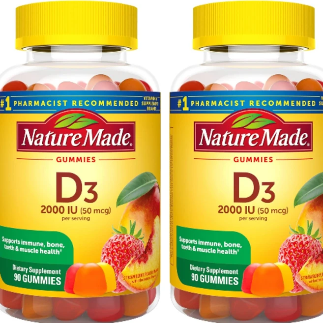 Nature Made Vitamin D3 네이처 메이드 비타민 2000IU(50mcg) 스트로베리 피치 앤 망고 90구미 2팩, 2개, 90정 - 쿠팡