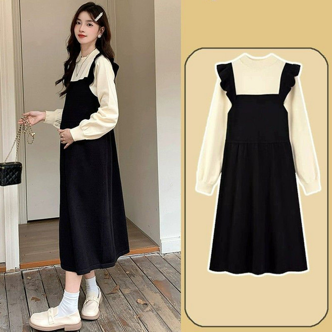 임산부 원피스 봄 가을 여성 캐주얼 임부복 루즈핏 페이크 투피스 원피스 기질 긴팔 임부 원피스 CY