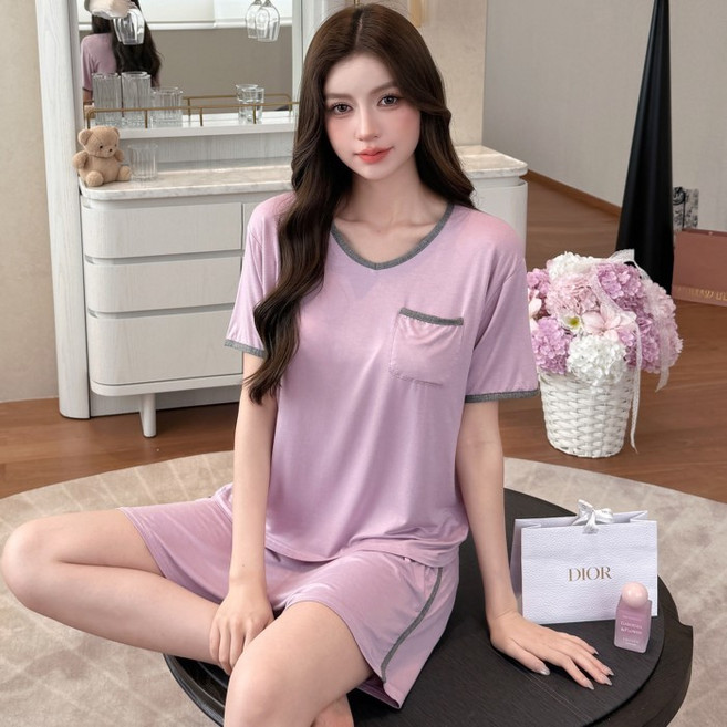 莫代爾長袖長褲睡衣女，帶胸墊寬鬆家居服套裝