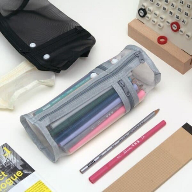 원형 메쉬 필통 대용량 펜슬케이스, 화이트, 1개