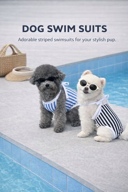 반려견 스트라이프 배색 모노키니 수영복, 1개, 블루