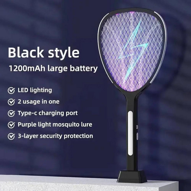 모기 퇴치기 3 In 1 전력망 전기 찰싹 때림 3000V C형 충전 및 파리 킬러 확대, Black