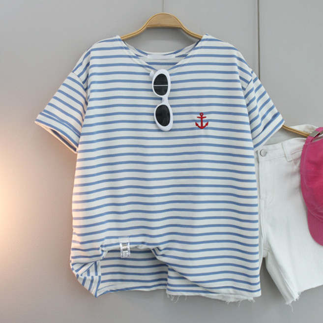 달콩 여성 스트라이프 여름 반팔 돗자수마린단가라반팔티