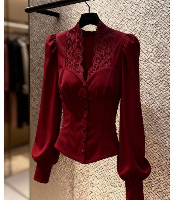 여성 우아한 레드 벨벳 셔츠 겨울 작은 향수 스타일 레이스 허리 기본 단품 상의
