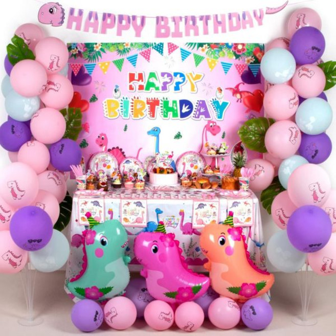 HJINGY 여아용 핑크 공룡 파티 장식 공룡 생일 파티 용품 공룡 풍선 배경 생일 축하 배너 식탁보 접시 냅킨 케이크 토퍼 포함