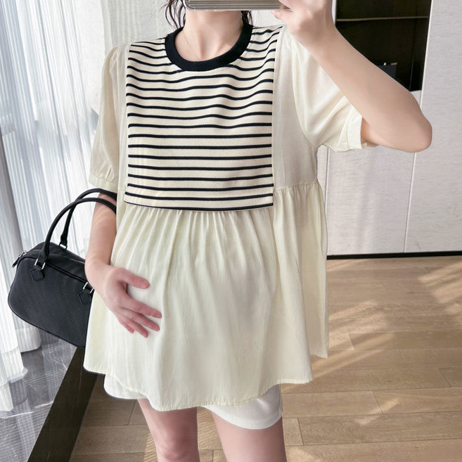 임산부 여름 블라우스 임산부 여름 얇은 시폰 반팔 스트라이프 배색 레이어드 티셔츠 JXH