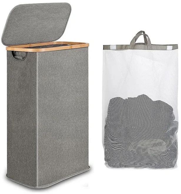 뚜껑이 있는 옥스포드 천 세탁 바구니 보관 접이식 내부 가방이 대나무 모델 60 리터, 03 grey