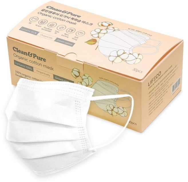 클린앤퓨어 오가닉 목화솜 마스크 대형, 30개입, 1개, 덴탈 대형_화이트_슬림형