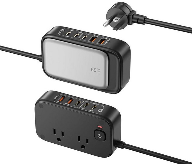 VPSUN 트래블 파워 멀티탭 고속 USB 충전대 최대 65W 7-in-1 충전기 2개의 콘센트USB C 3개 A 2개 여행 집 사무실 기숙사 크루즈 필수품 검은색, Black, Black