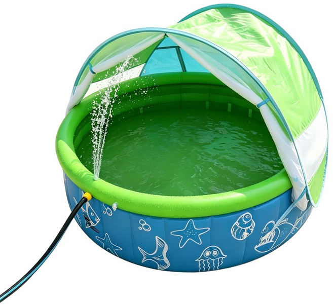 兒童遮陽噴水池 戶外戲水池 附噴水功能, 綠色噴水池綠色遮陽棚, 1套