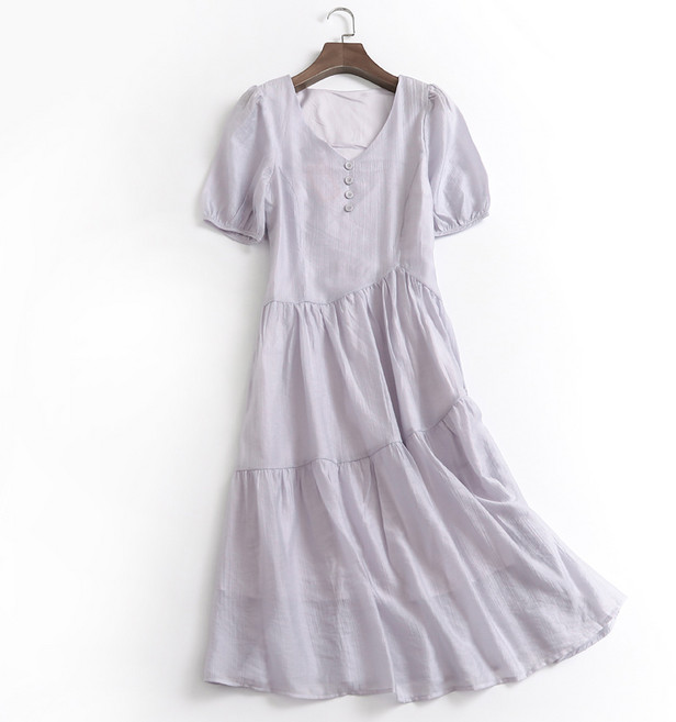 연보라원피스 드레스 넥 여성 여름 신작 텐셀 스커트 버블 반팔 퍼플