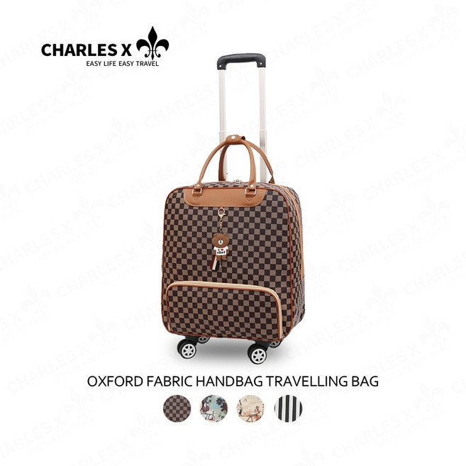 CHARLES X 咖啡格紋手提行李袋 18/20吋