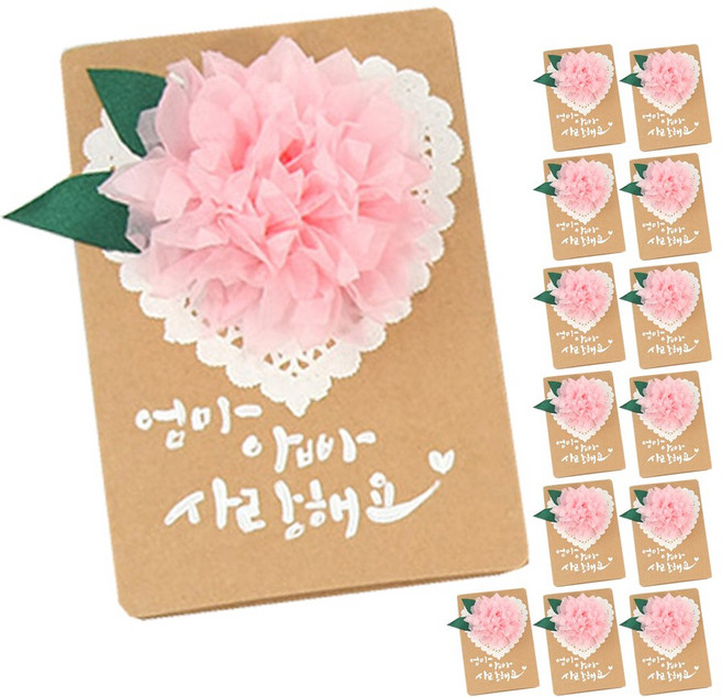 카네이션카드 만들기 세트 크라프트카드+핑크 DIY 스승의날 어버이날 미술수업 감사카드, 14개입