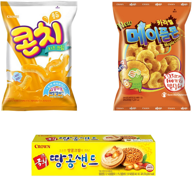 크라운 콘치 66g 메이플콘 74g 땅콩샌드 70g, 1개, 210g