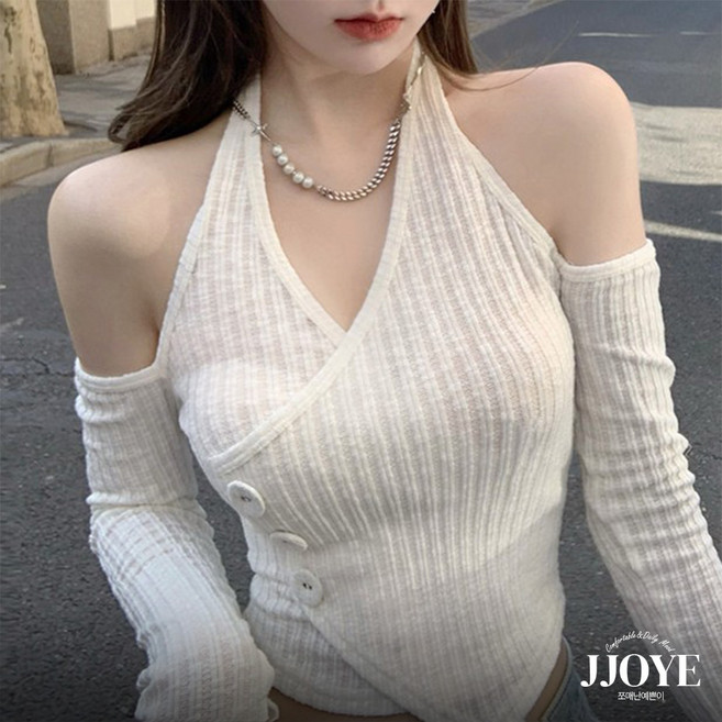 쪼예 청순 글램 브이넥 오프숄더 홀터넥 랩 크롭 긴팔 티셔츠