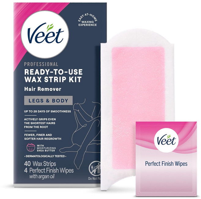 VEET 여성용 사용 가능한 왁싱 키트 체모 제거용 왁스 스트립 다리 및 신체용 퍼스널 케어 제품 헤어 리무버 40개의 스트립양면 20개 4개의 바디 물티슈, 40 Count (Pack of