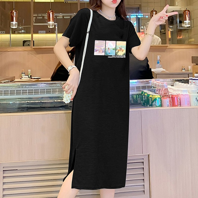 스타일아유 여름 풍경 프린트 찰랑 롱티셔츠 캐쥬얼 홈웨어 라운드 반팔원피스[AYG6OP327A]