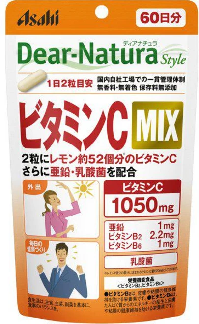 Asahi 아사히 그룹식품 Dear-Natura 디어내츄라 비타민C MIX [120정 60일분] 비타민C1050mg 비타민B2/B6 아연 유산균 지퍼백포장, 단일, 1개, 120정 - 쿠팡