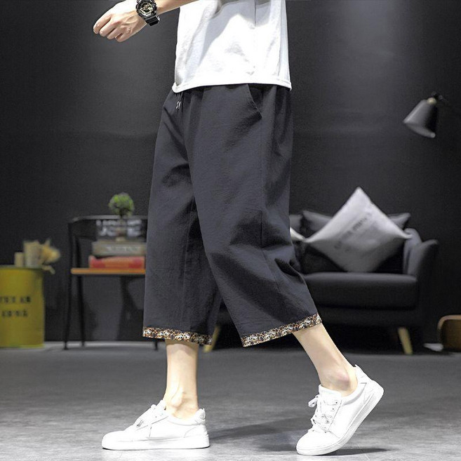 棉麻七分褲男寬鬆大碼2025夏季潮流胖子薄款直筒哈倫運動8分褲男 副廠商品