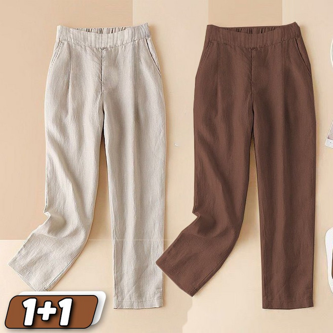 1+1 중년여성 여름 면 마 배기 팬츠 데일리 솔리드 얇은 린넨 와이드 팬츠 허리밴딩 엄마바지 슬림핏 린넨팬츠