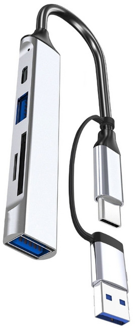 PC 키보드 노트북 마우스와 호환되는 USB C+USB 허브 5포트 USB 스플리터 멀티포트 확장 데이터 케이블 메모리 카드 어댑터, Silver, 1개, 사이즈 이미지 참고