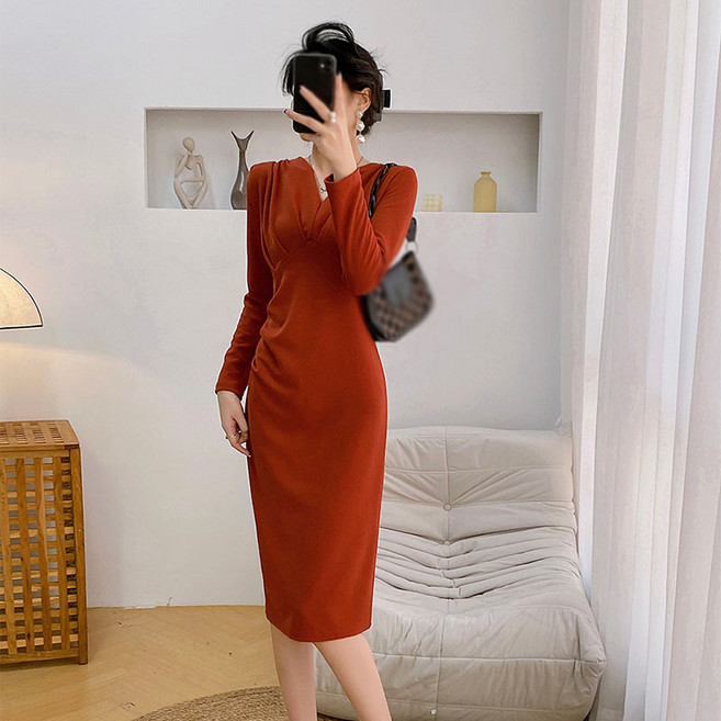 AOKADA 여성용 우아한 브이넥 셔링 롱 원피스 슬림핏 하객룩 파티 데이트룩 드레스