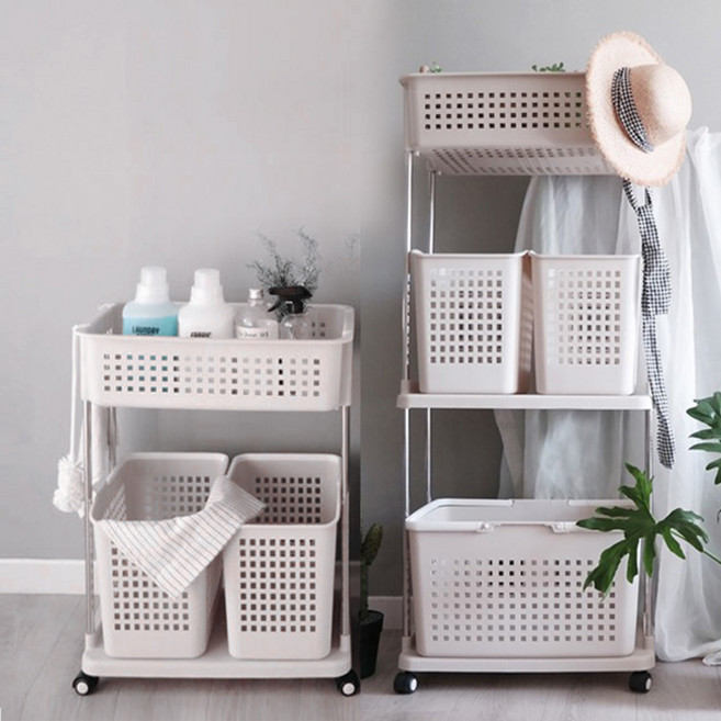 이동식 빨래바구니 수납형 더블 와이드 3단 A MW-DW03A, 베이지