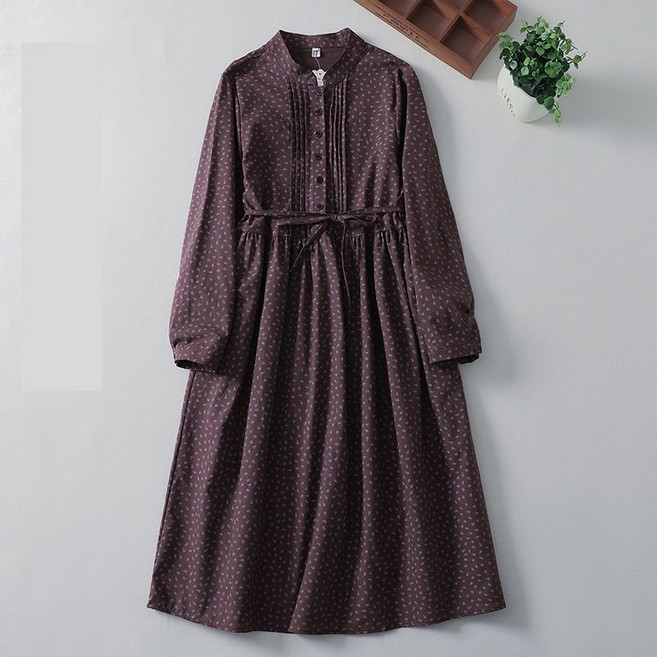 COSYEVNO 여성 긴팔 원피스 날염 도트 허리 스트링 면린넨 미디스커트
