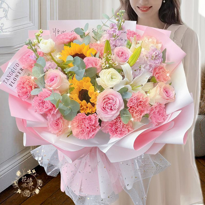 花語世界 康乃馨 百合 玫瑰 鮮花花束, 1個, 【驚喜獻禮】康乃馨百合混搭花束